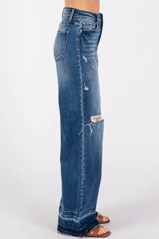 PET110 - DESTROYED HIGH RISE WIDE LEG JEAN