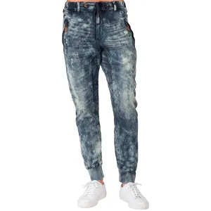 Premium Knit Denim Cloud Vintage Washed Drop Crotch Jogger Jeans Zip Pockets