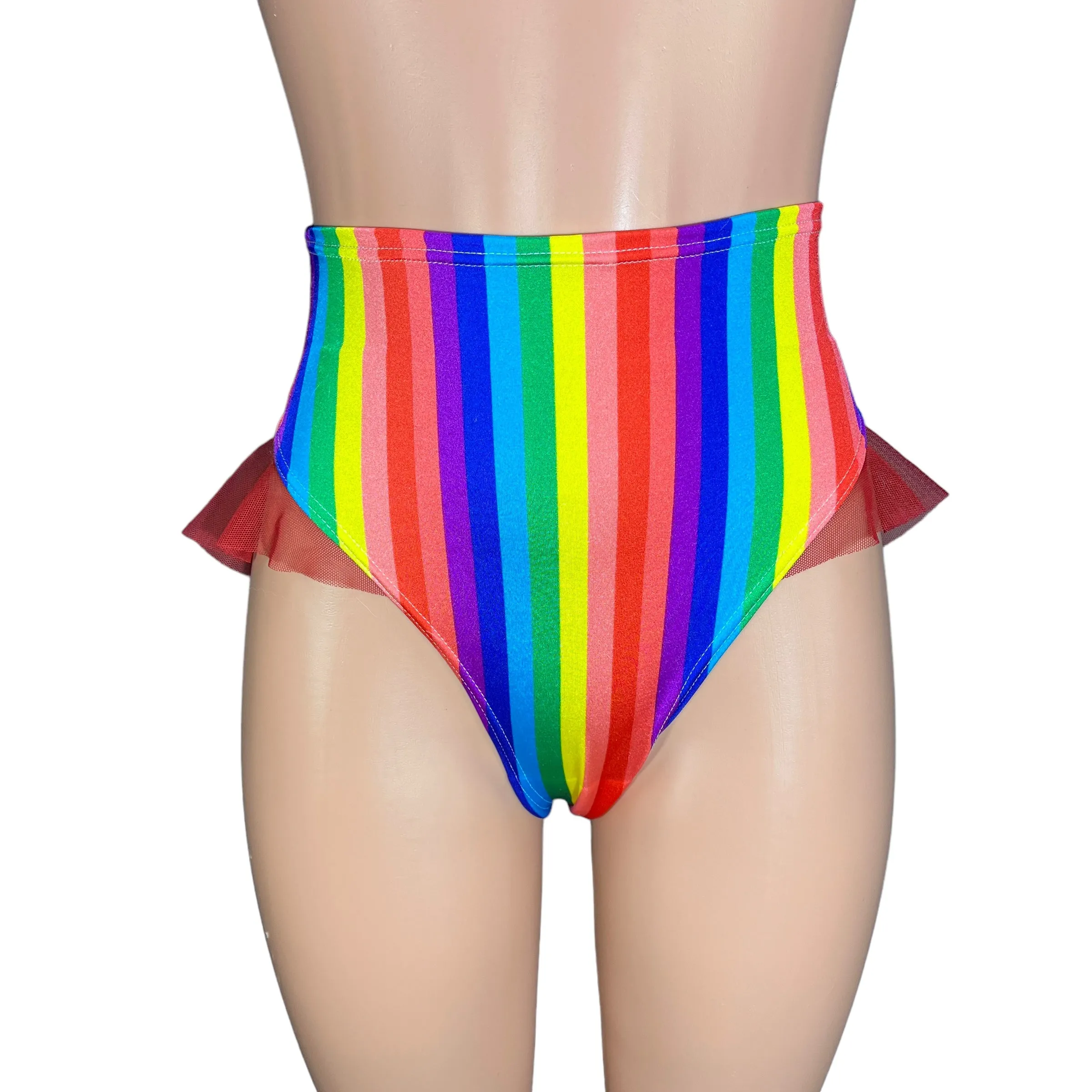 Ruffle Hot Pants High-Waisted Cheeky Bikini in Rainbow Stripe