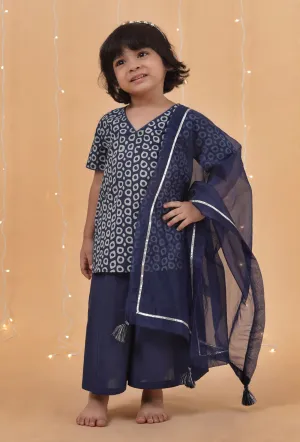 Set Of 3: Indigo Printed Straight Cotton Kurta, Palazzo & Organza Dupatta