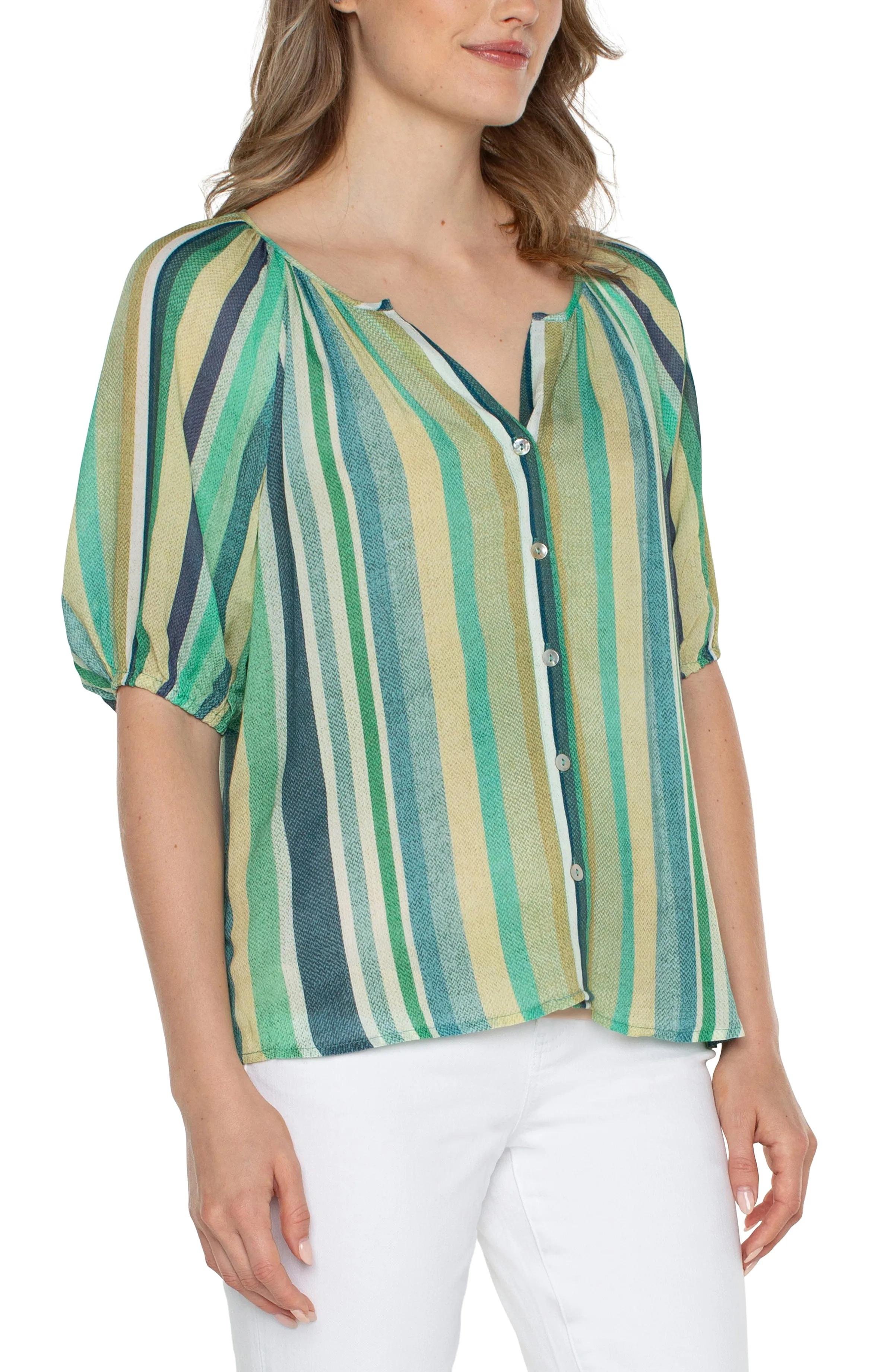 SHORT SLV BUTTON FRONT SHIRRED WOVEN TOP