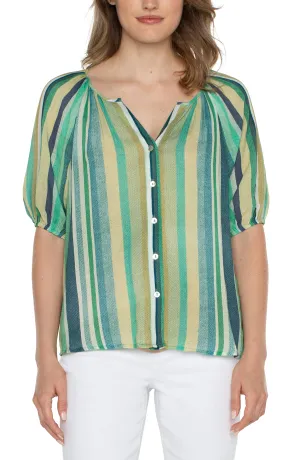 SHORT SLV BUTTON FRONT SHIRRED WOVEN TOP