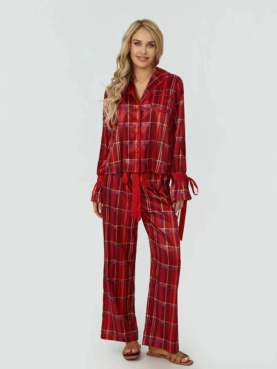 Sleeve Lapel Neck Button Down Plaid Wide Leg Y2K Loungewear Long Pajamas