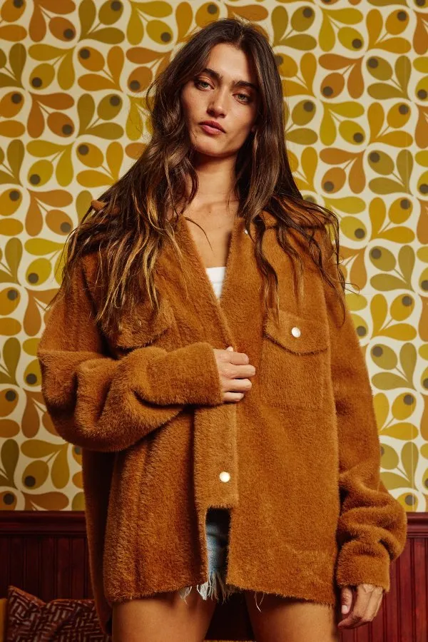 Solid soft fur collared oversized jacket