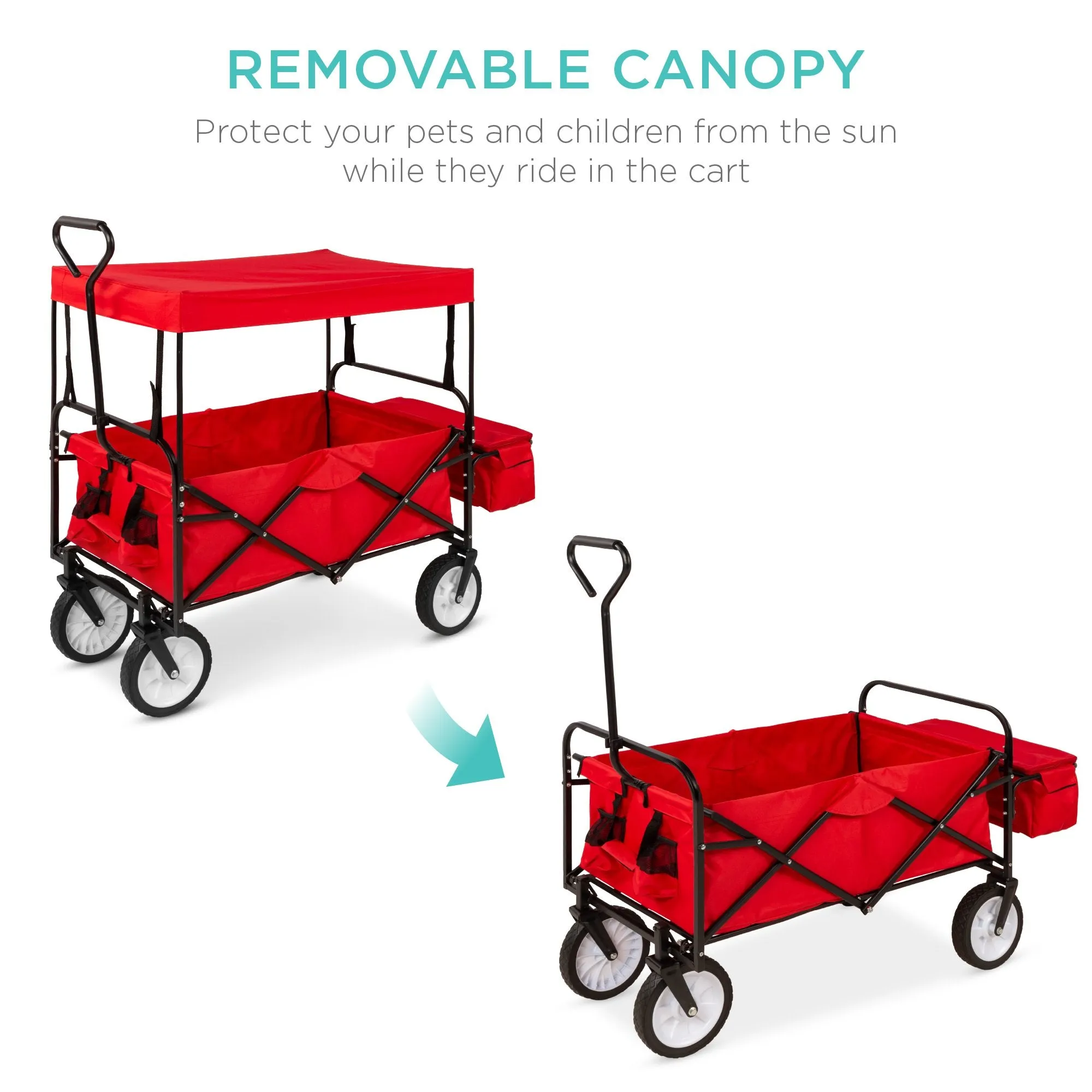 Utility Wagon Cart w/ Folding Design, 2 Cup Holders, Removable Canopy