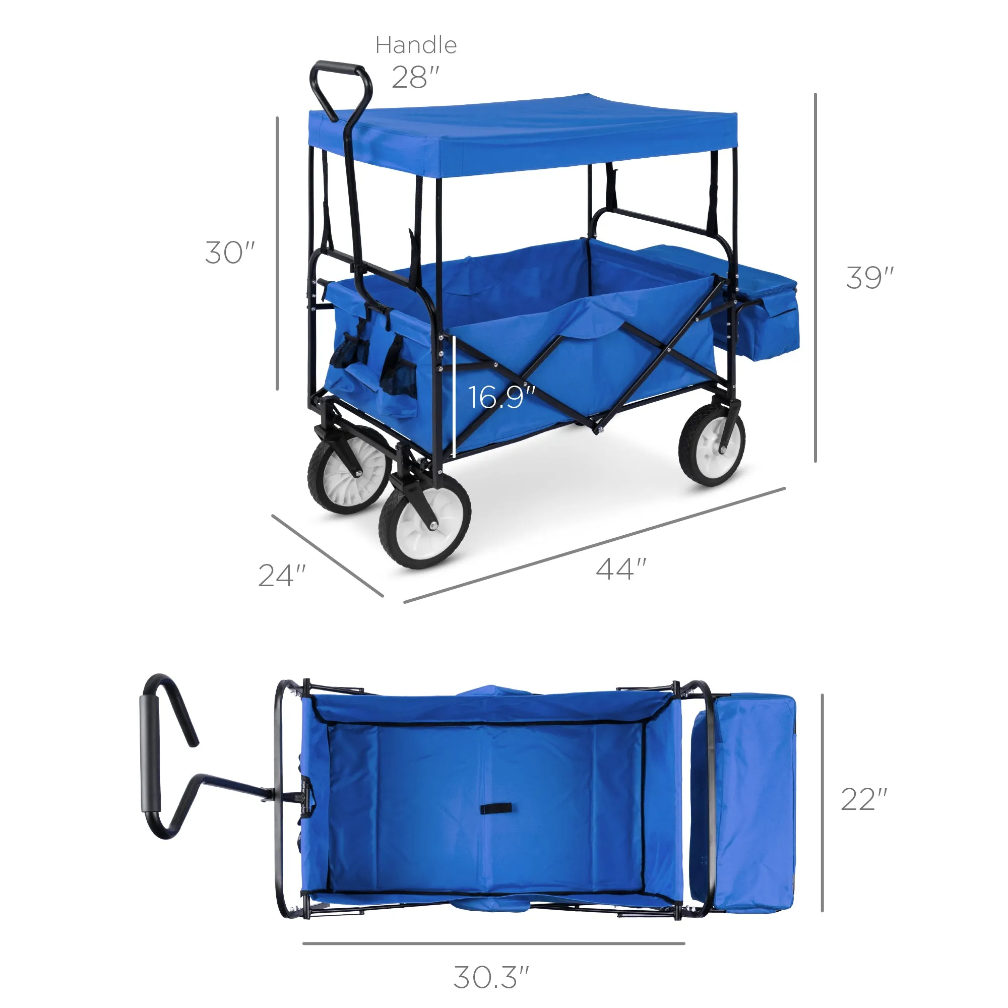 Utility Wagon Cart w/ Folding Design, 2 Cup Holders, Removable Canopy