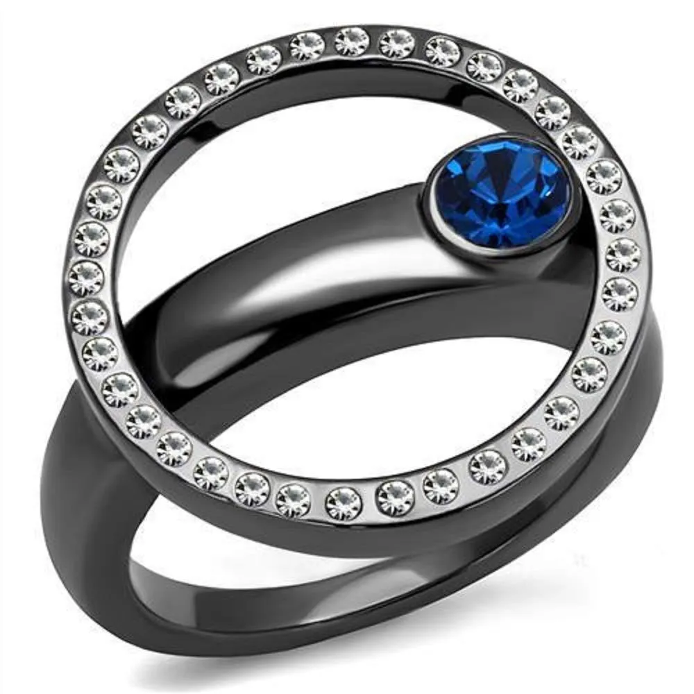 WildKlass Stainless Steel Ring IP Light Black (IP Gun) Women Top Grade Crystal Capri Blue