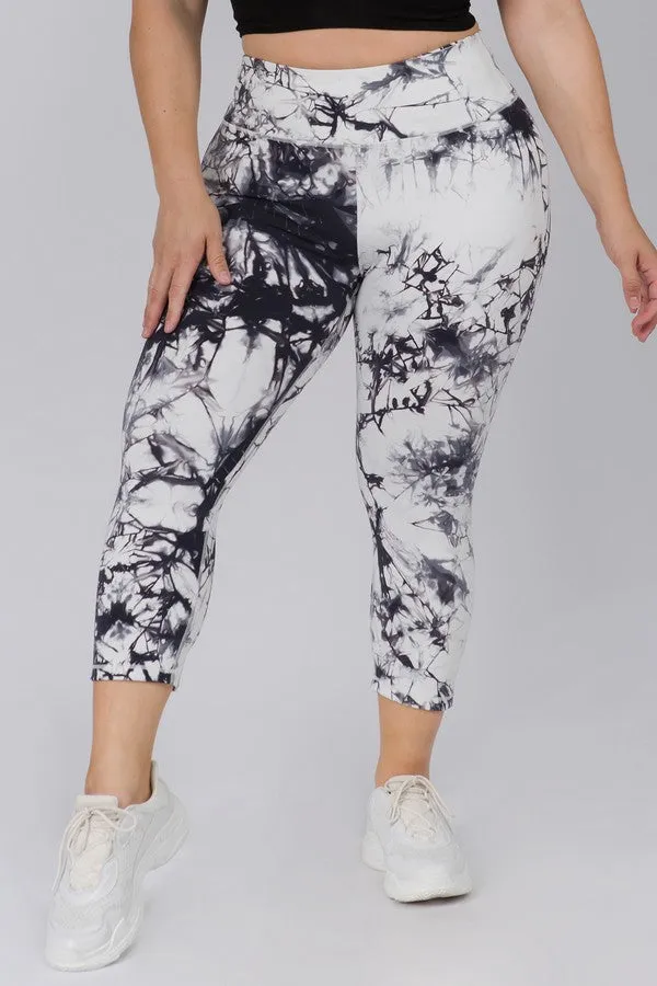 WOMEN'S BLACK & WHITE TIE DYE ACTIVE CAPRI LEGGINGS